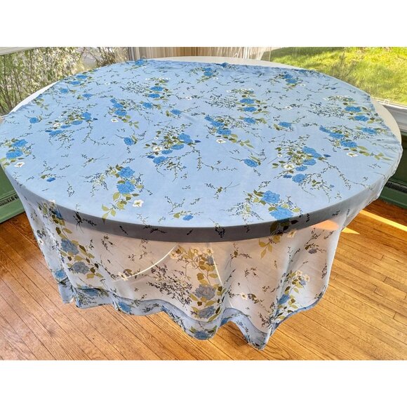 Vintage 60s sheer curtain, blue bouquets with greenery, price per panel - Picture 1 of 10